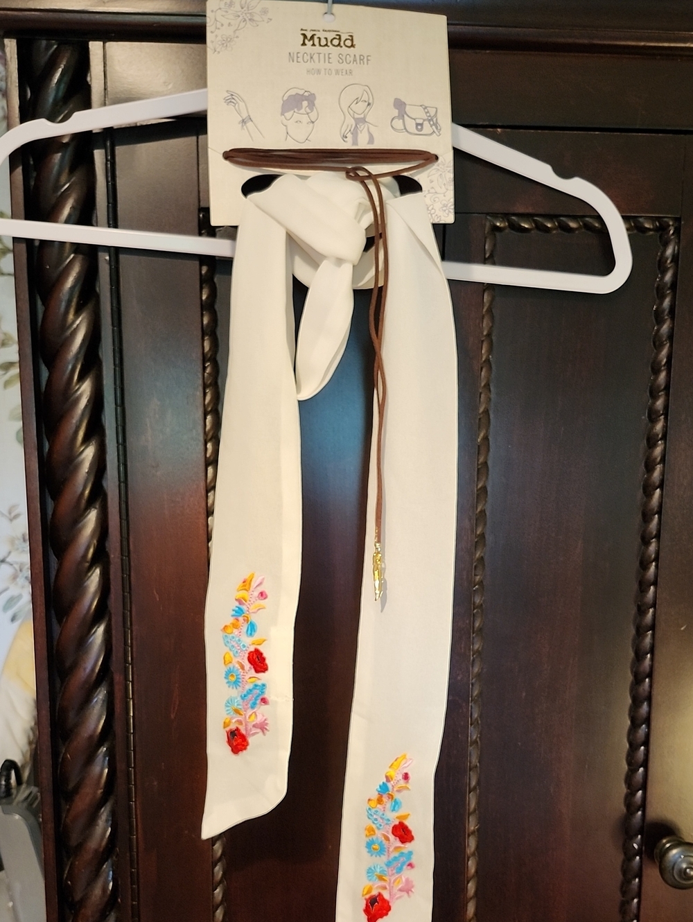 Mudd White Necktie Scarf with Multicolor Floral Embroidery